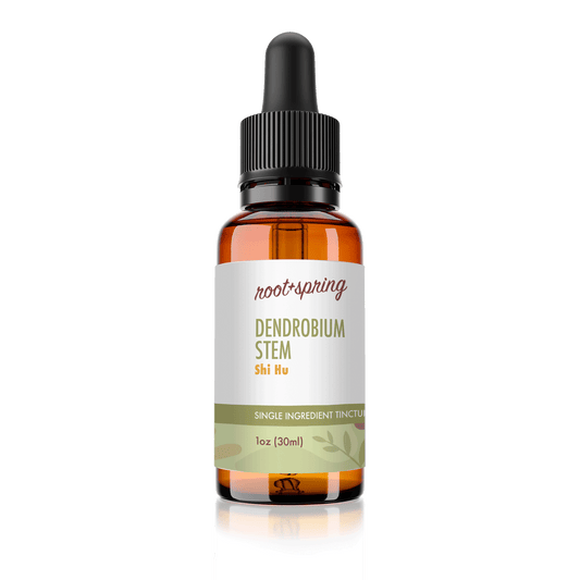 Amber eyedropper-top tincture bottle containing 1 fluid ounce (30 milliliters) of root + spring Dendrobium Stem Shi Hu Chinese herbal tincture.