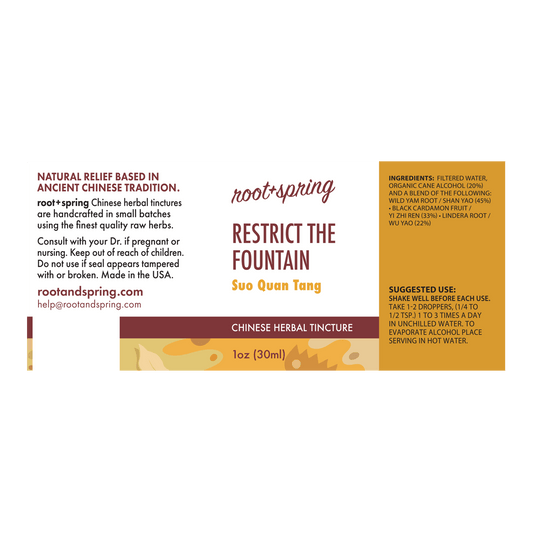Image of a label of Restrict the Fountain or Suo Quan Tang by root + spring for urinary incontinence.