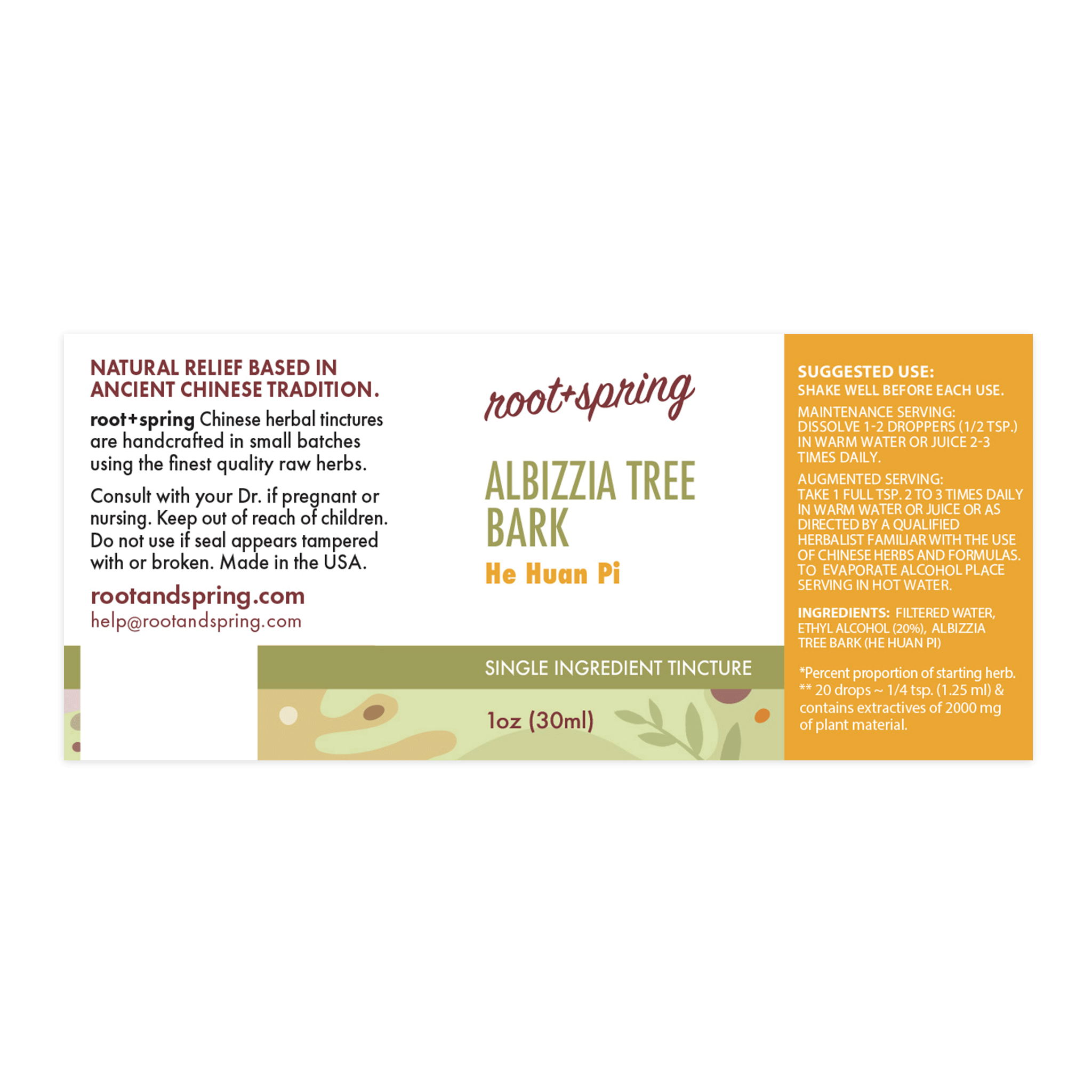Label for Albizzia Tree Bark, or He Huan Pi, herbal tincture by root + spring. 