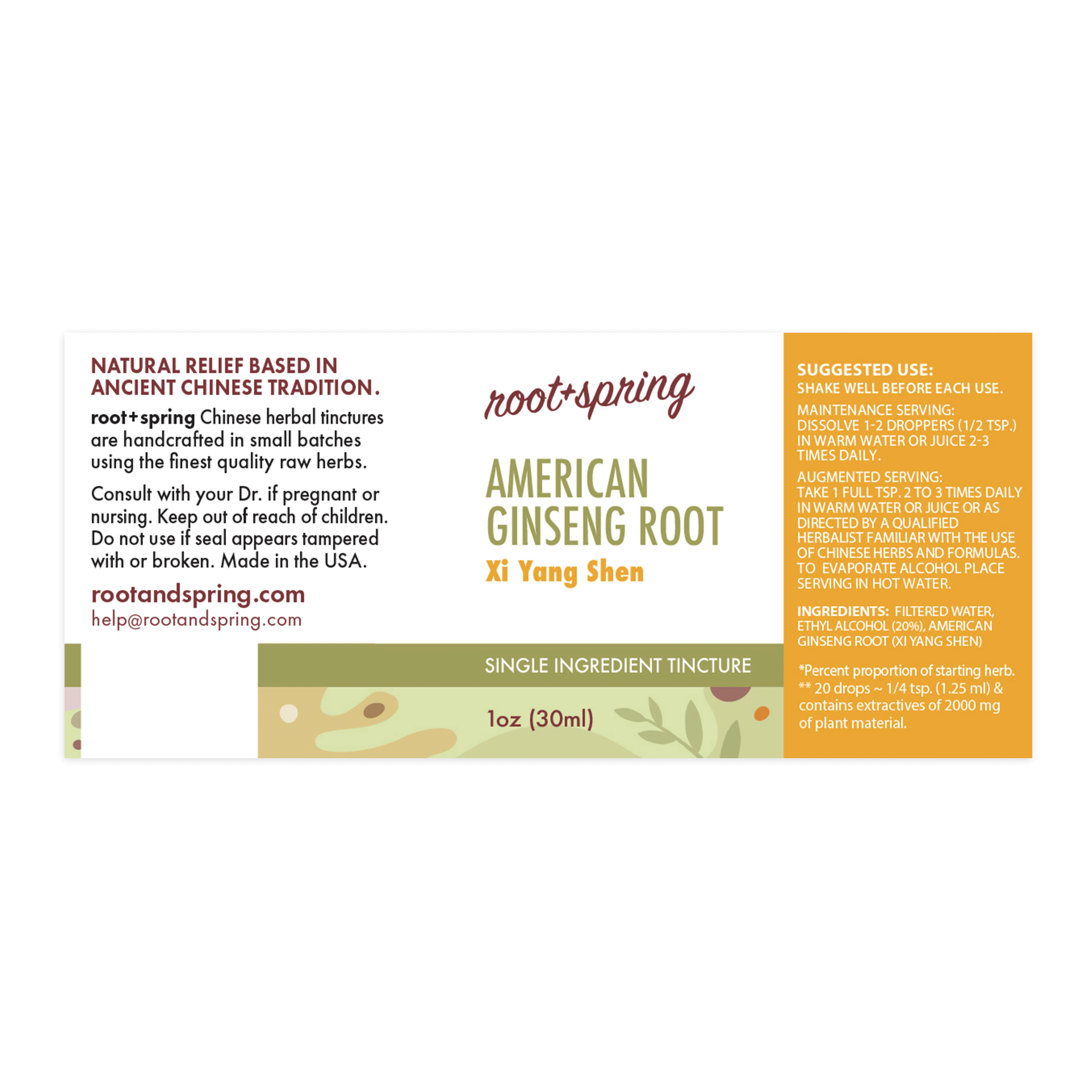 Label for American Ginseng Root, or Xi Yang Shen, Herbal Tincture, by root + spring. 