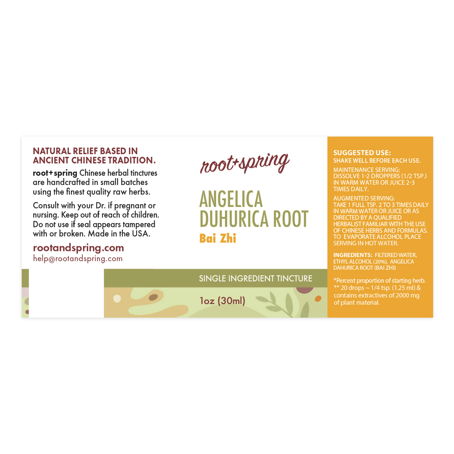 Label for Angelica Duhurica Root, or Bai Zhi, herbal tincture by root + spring.