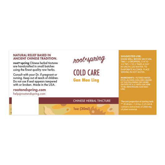 Label for Cold Care, or Gan Mao Ling, herbal tincture by root + spring.