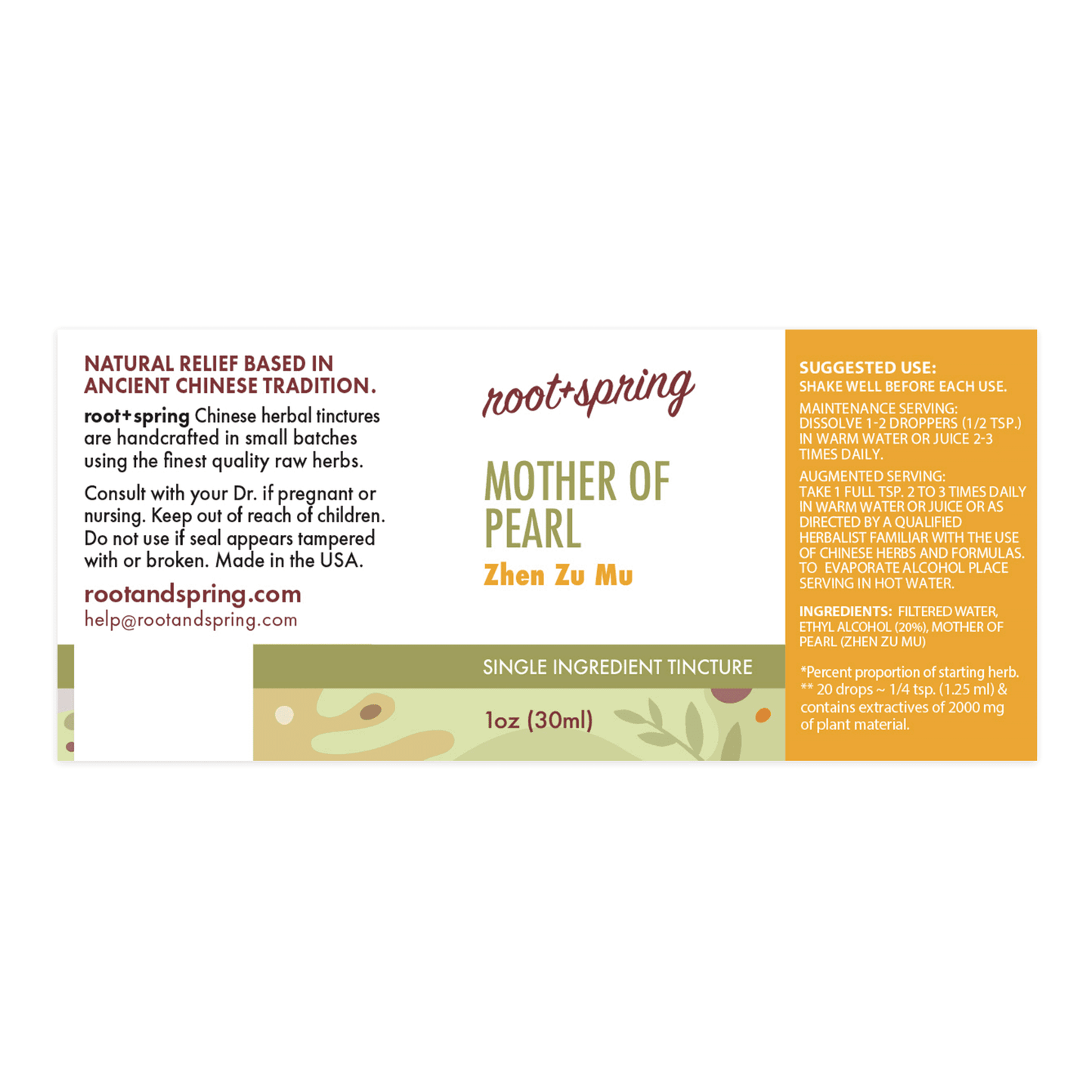 Label for Mother of Pearl, or Zhen Zu Mu, Herbal Tincture by root + spring.