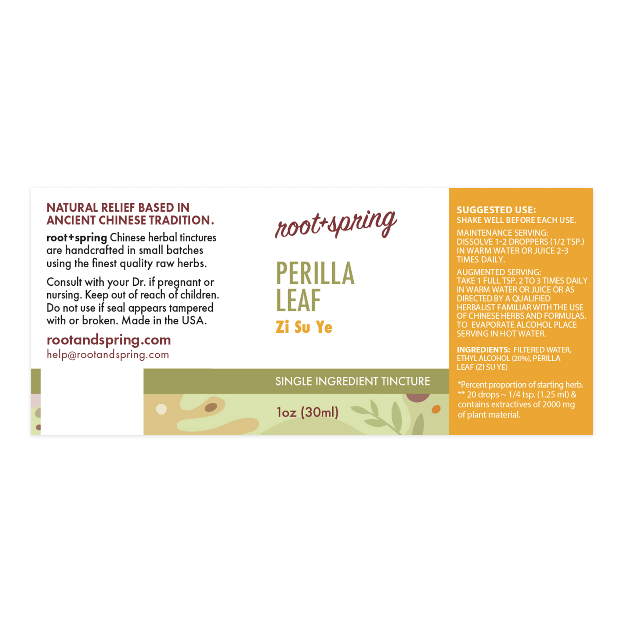 Label for Perilla Leaf, or Zi Su Ye, herbal tincture by root + spring. 