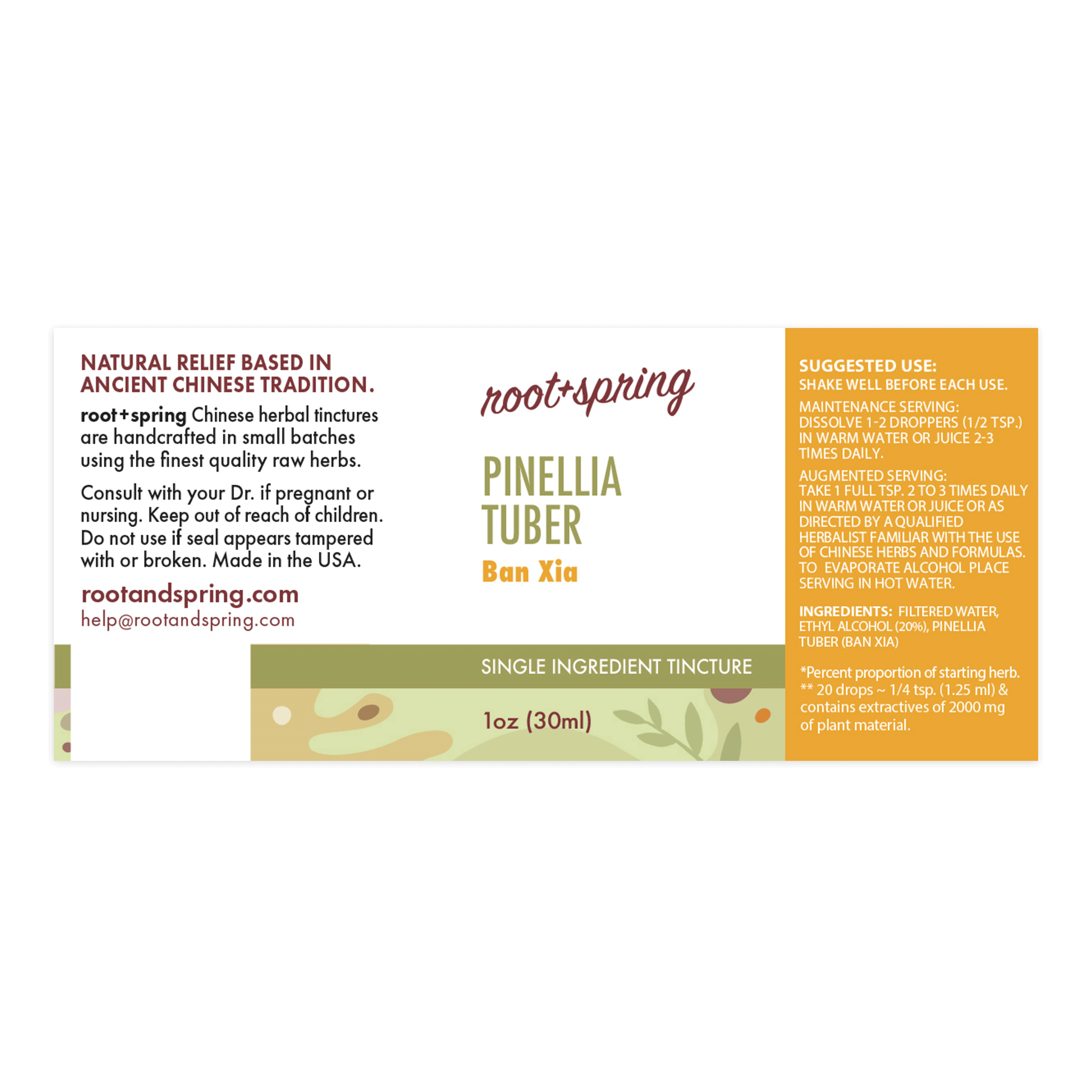 Label for PInellia Tuber, or Ban Xia, Herbal Tincture, by root + spring.