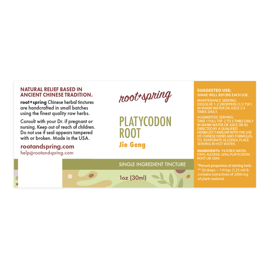 Label for Platycodon Root, or Jie Geng, herbal tincture by root + spring.