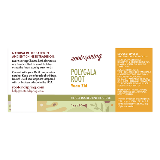 Label for Polygala Root, or Yuan Zhi, herbal tincture by root + spring.