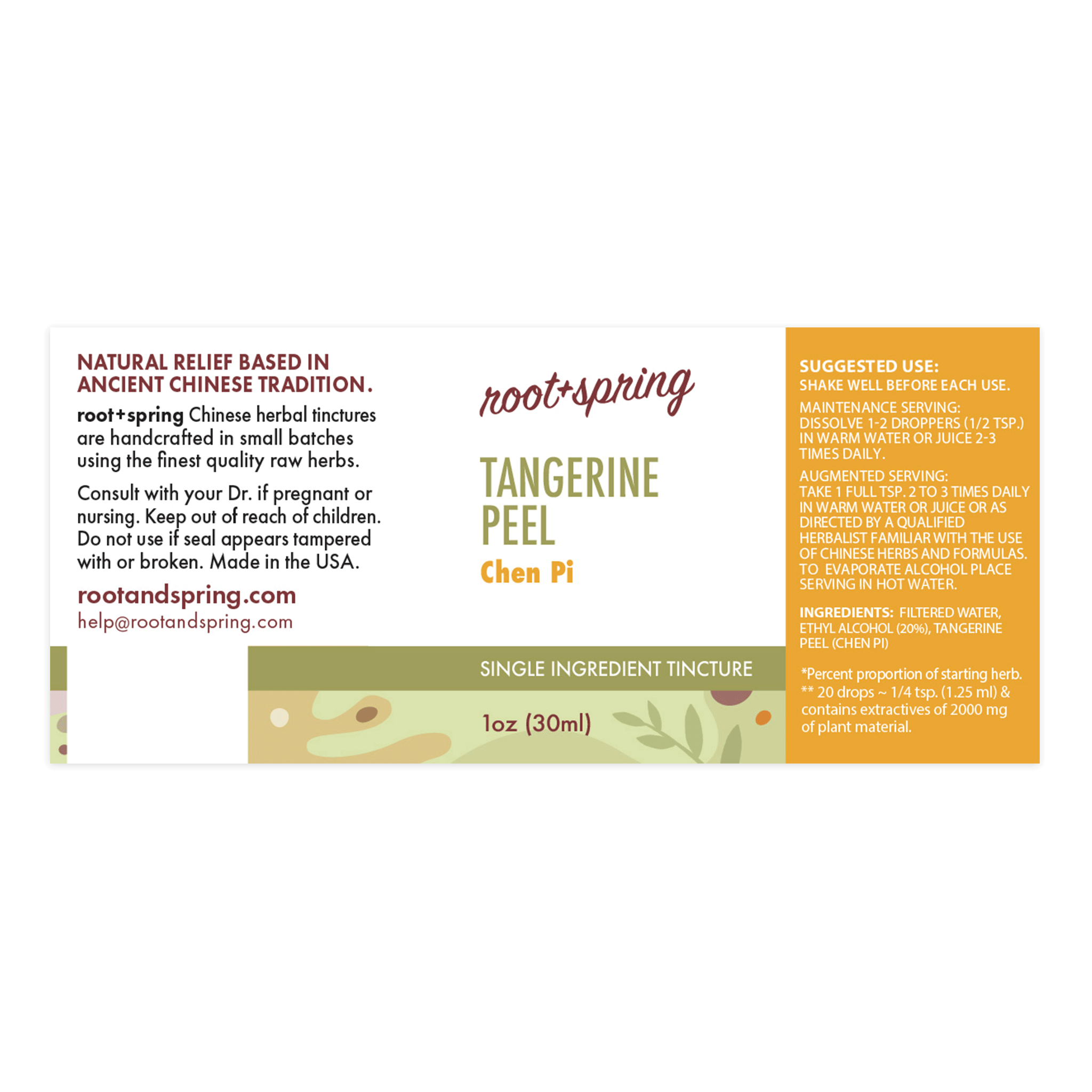 Label for Tangerine Peel, or Chen Pi, Herbal Tincture by root + spring.