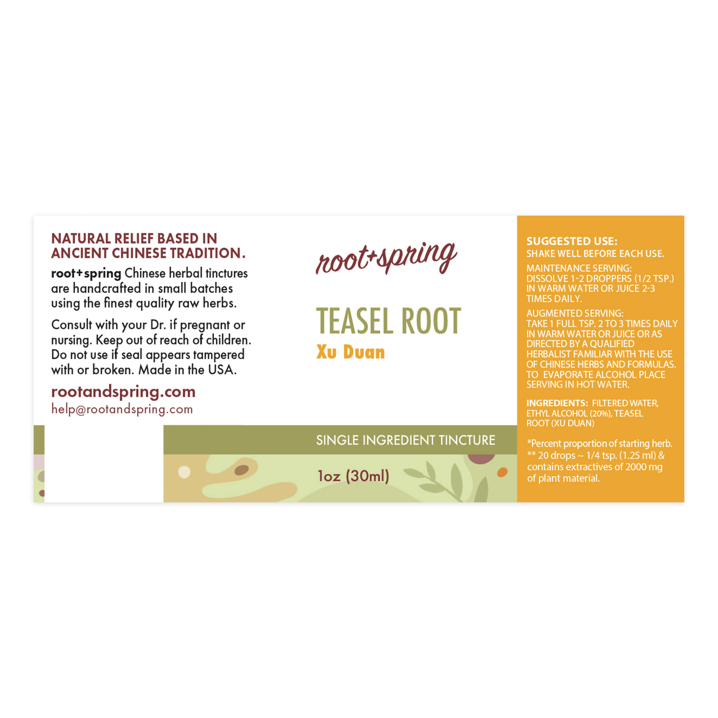 Label for Teasel Root, or Xu Duan, herbal tincture by root + spring.