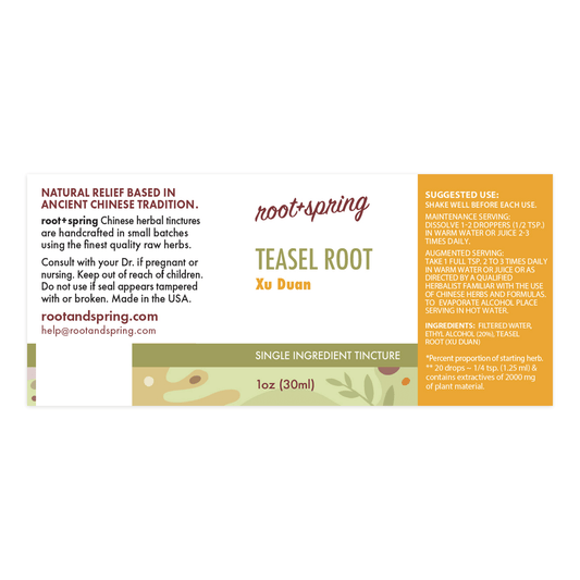 Label for Teasel Root, or Xu Duan, herbal tincture by root + spring.