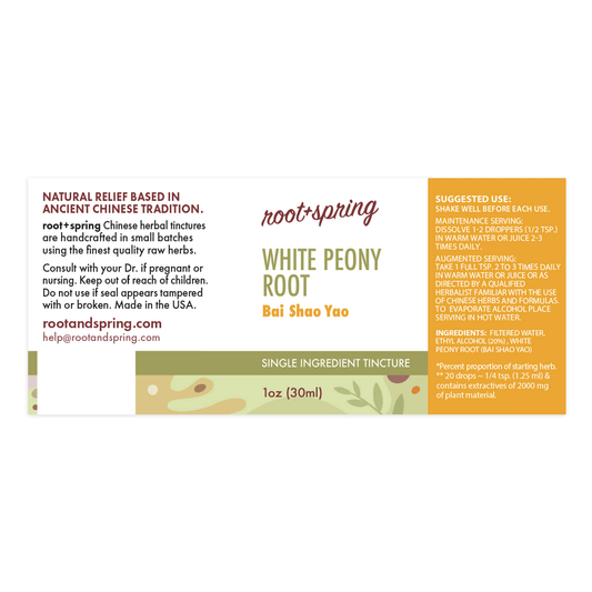 Label for White Peony Root, or Bai Shao Yao, herbal tincture by root + spring.