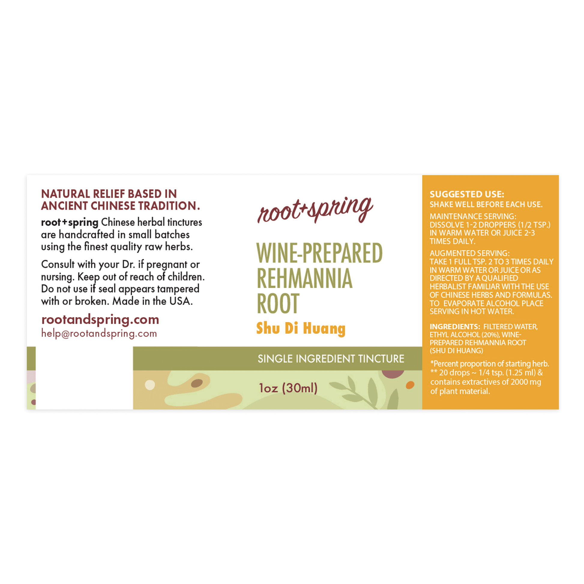 Label for Wine-Prepared Rehmannia Root, or Shu Di Huang, herbal tincture by root + spring.