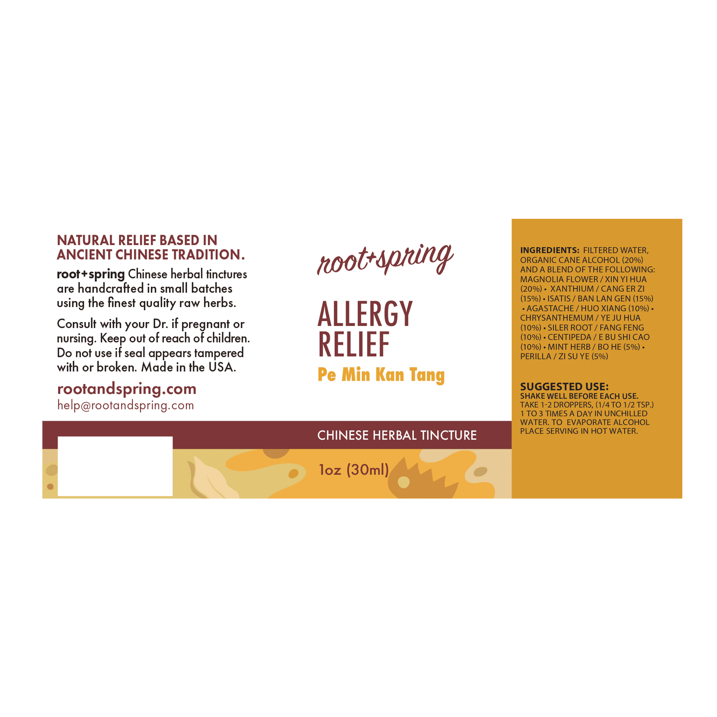 Label for Allergy Relief (Pe Min Kan Tang) by root + spring.