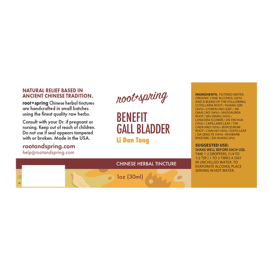 Label with Ingredients, Suggested Use, and Precautions for root + spring Benefit Gall Bladder Li Dan Tang Chinese herbal tincture.