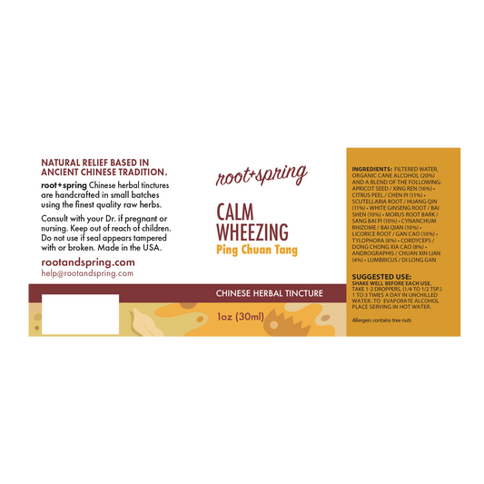 label of Calm Wheezing Tincture by Root+Spring