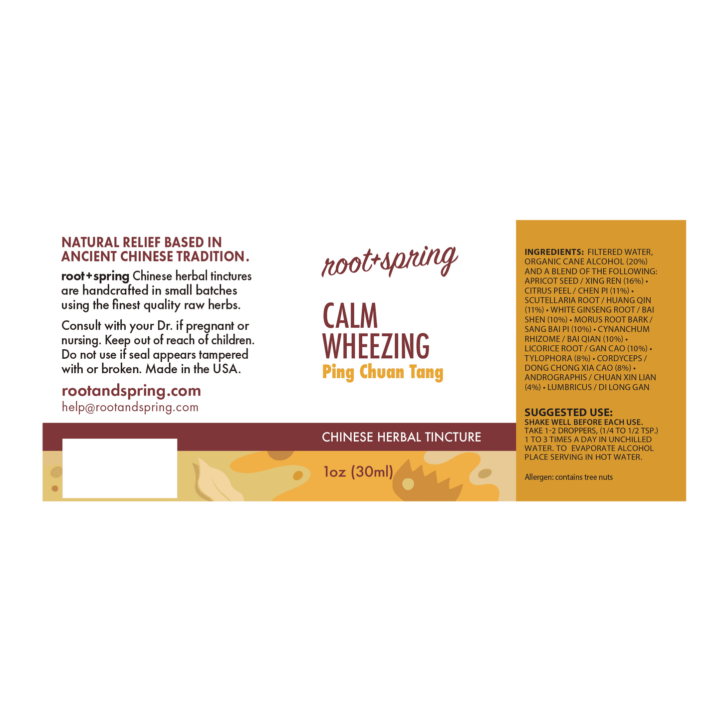 label of Calm Wheezing Tincture by Root+Spring