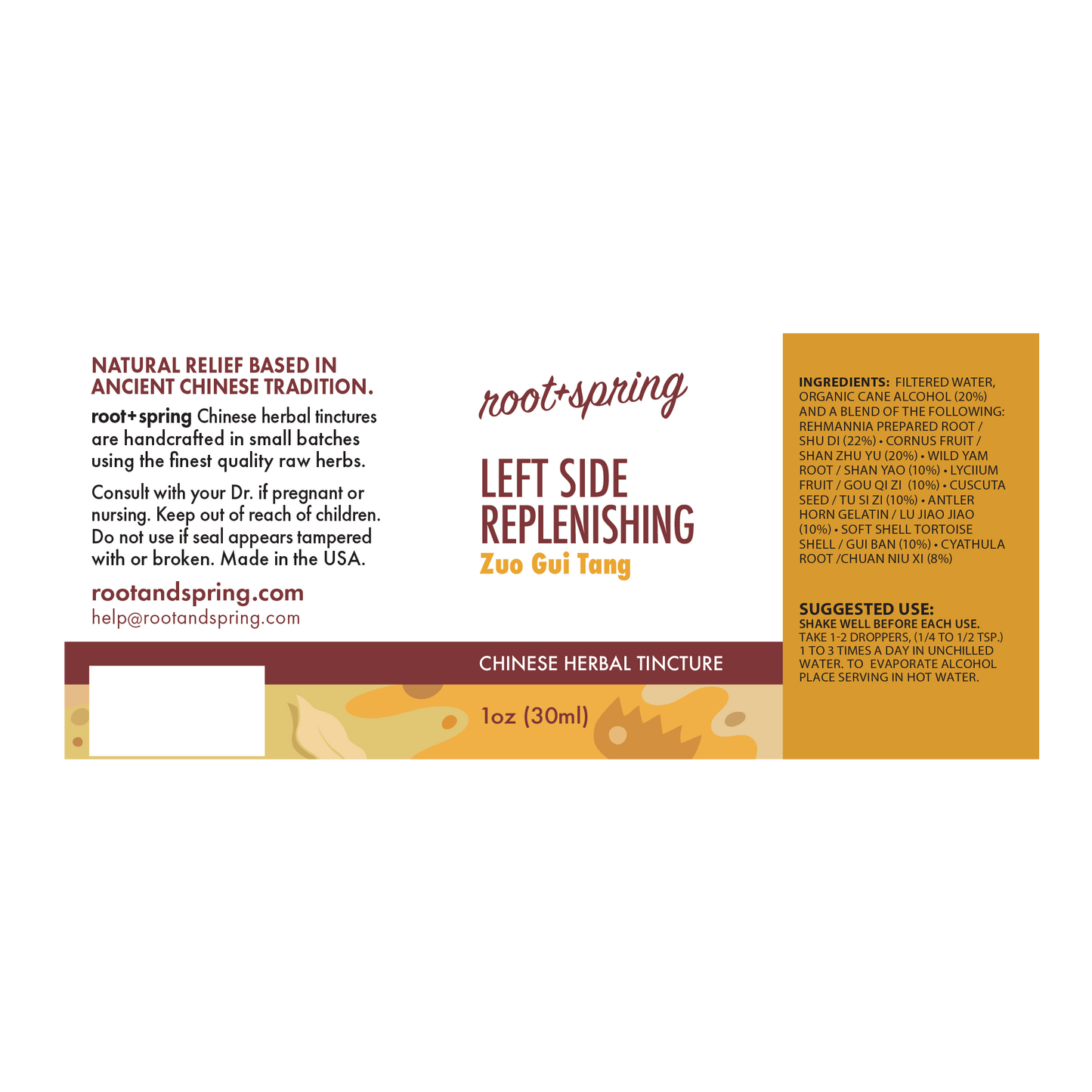Label with Ingredients, Suggested Use, and Precautions for root + spring Left Side Replenishing Zuo Gui Tang Chinese herbal tincture.