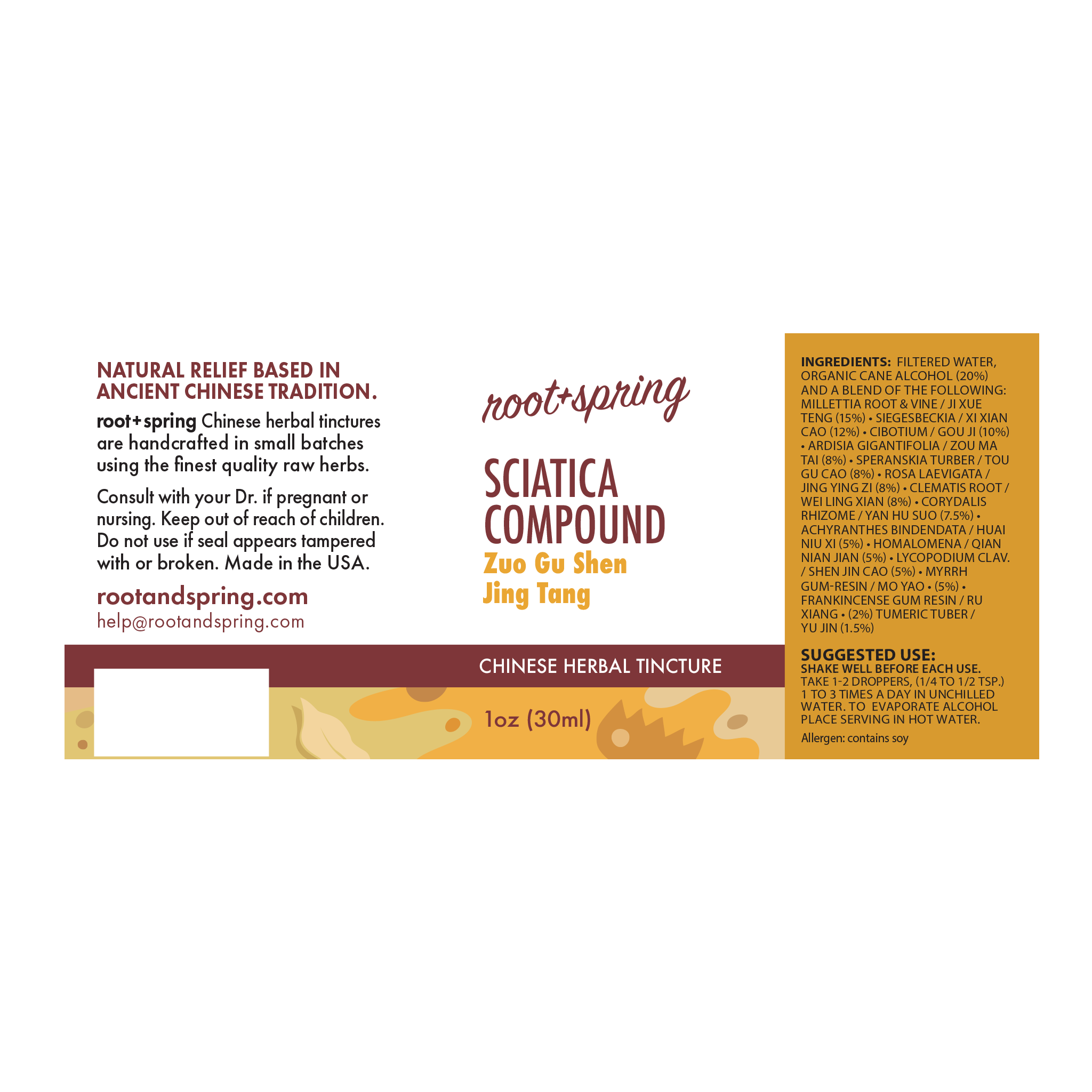 Label for Sciatica Compound (Zuo Gu Shen Jing Tang) - Herbal Tincture by root + spring