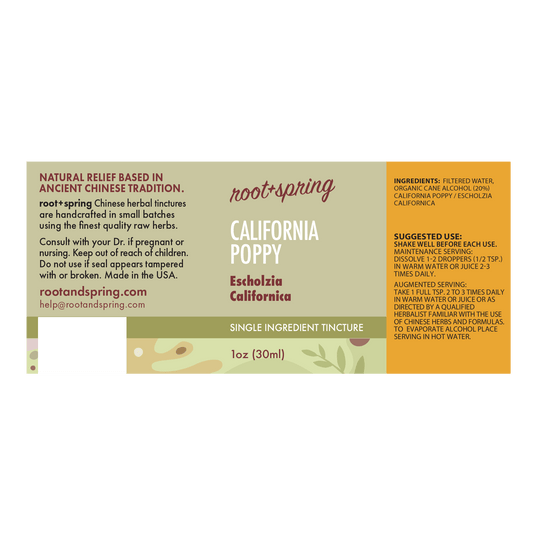 A single-ingredient tincture bottle label for Root+Spring California Poppy (Escholzia californica) herbal tincture, featuring a split design with a natural wood-grain background on the left and a warm orange background on the right, complete with product details, ingredients, and suggested use.
