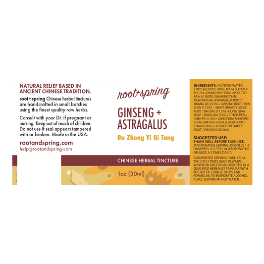Front of a Root+Spring Ginseng + Astragalus Chinese Herbal Tincture bottle label, showing the brand name, ingredients, suggested use, and a 1 oz (30ml) serving size on a white background with a small orange accent at the bottom.