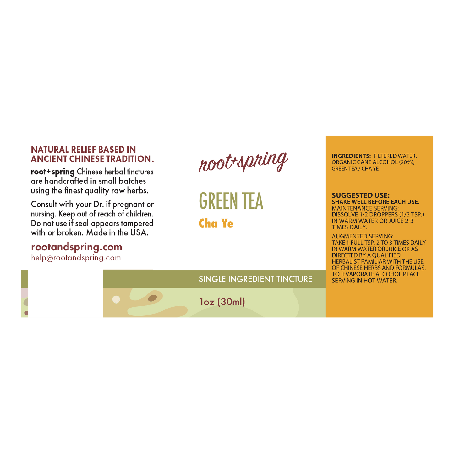 Front label of Root+Spring Green Tea Cha Ye single-ingredient tincture, showing product details, ingredients, suggested use, and a small tincture bottle graphic at the bottom.