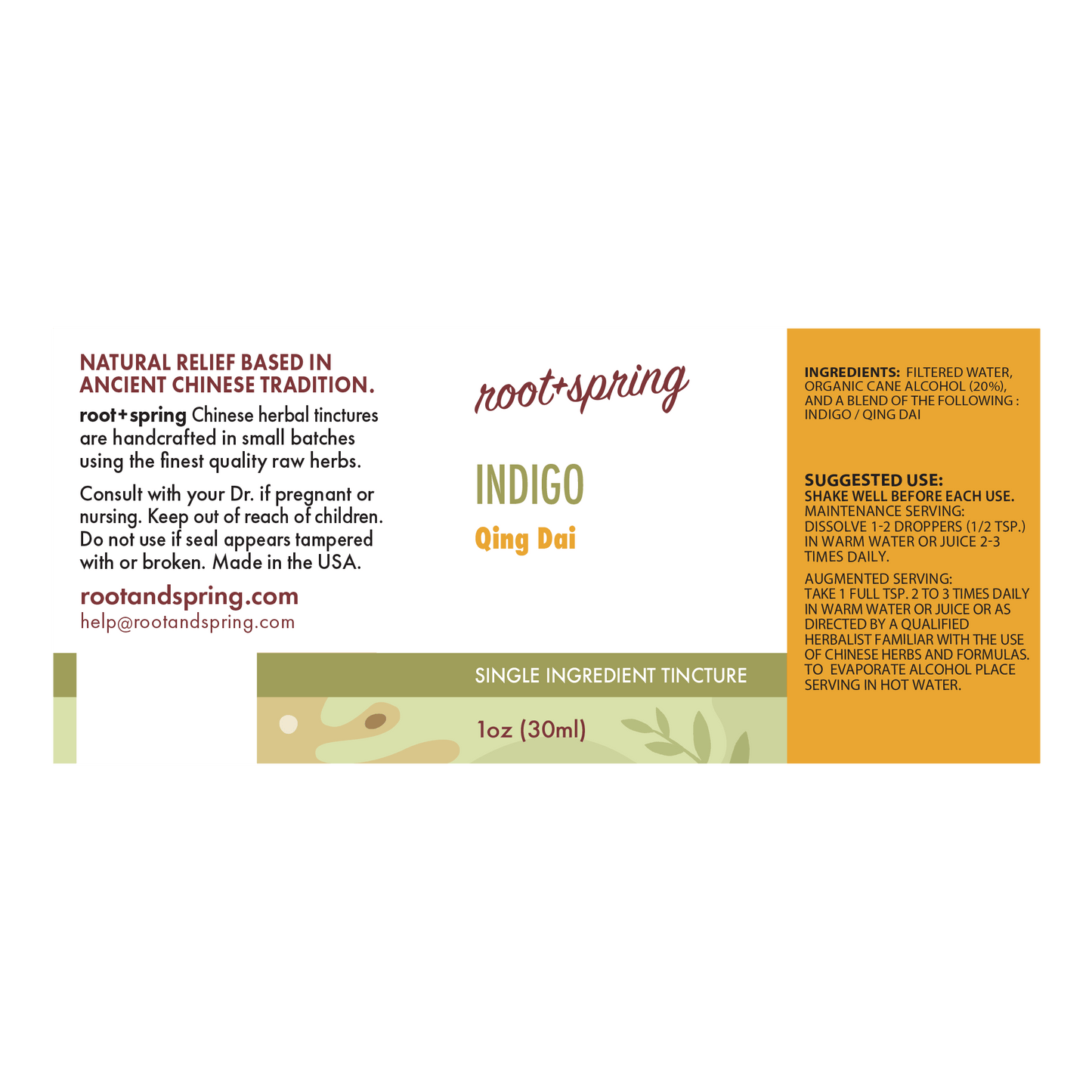 Front of a Root + Spring single-ingredient tincture label for Indigo Qing Dai, showing product name, ingredients, suggested use, and a 1 oz bottle volume on a white background.