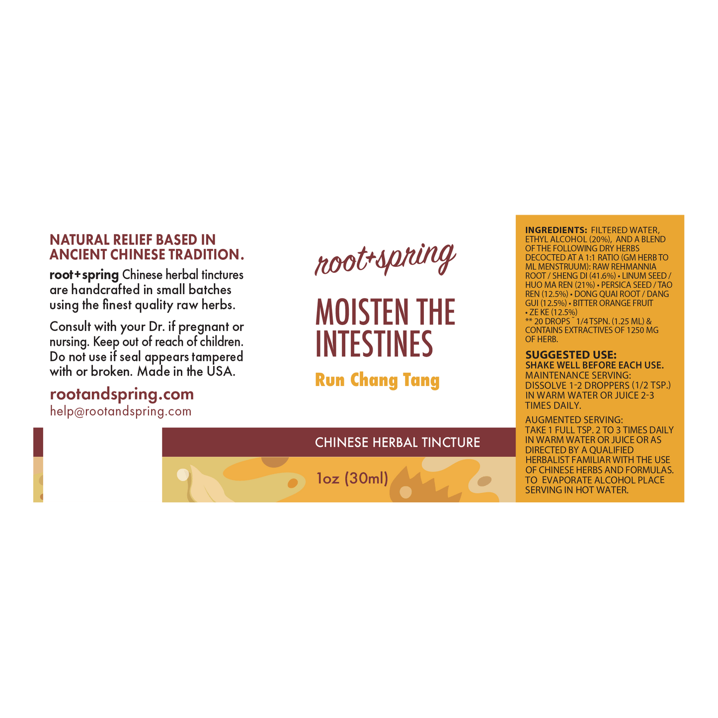 Front and back of a Root+Spring Chinese Herbal Tincture bottle label for Run Chang Tang, showing product details, ingredients, and usage instructions on a white background.