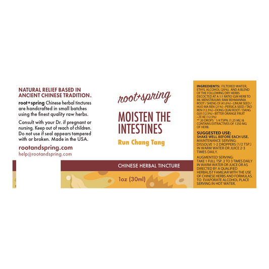 Front and back of a Root+Spring Chinese Herbal Tincture bottle label for Run Chang Tang, showing product details, ingredients, and usage instructions on a white background.