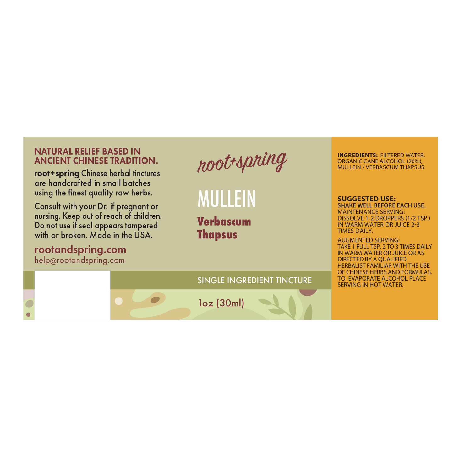 Front label of Root+Spring Mullein single-ingredient tincture, showing product name, ingredients, suggested use, and a small illustrated bottle graphic on a beige and orange background.