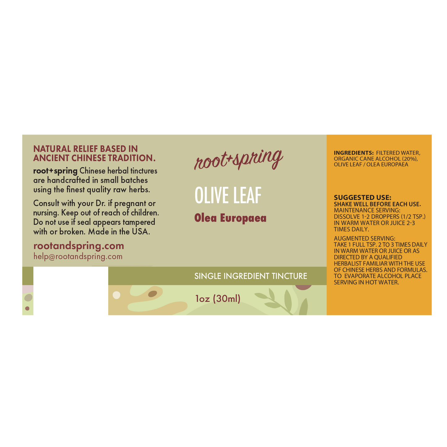 A rectangular product label for Root + Spring Olive Leaf Olea Europaea single ingredient tincture, with a cream background and tan side panels, green leaf illustrations, and black text detailing ingredients, usage, and dosage.