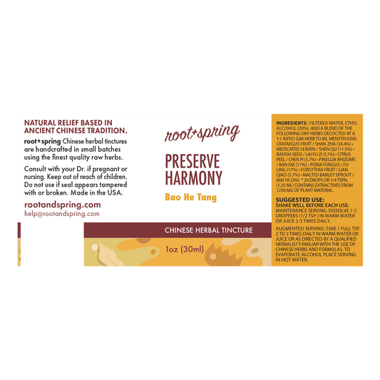 Root+Spring Preserve Harmony Chinese herbal tincture packaging label, featuring a white background with red and brown branding, a small illustrated tincture bottle, and text detailing ingredients, suggested use, and warnings.