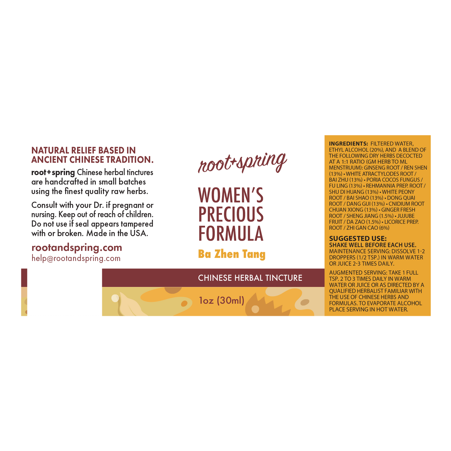 Front label of Root+Spring Women's Precious Formula Ba Zhen Tang Chinese herbal tincture, showing product name, ingredients, suggested use, and website on a white background.