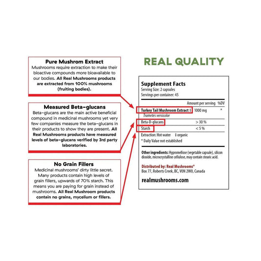 label of Turkey Tail Immune Support organic mushroom extract powder by Real mushrooms