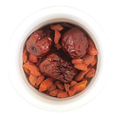 Image of ingredients for root + spring's Goji Berries & Red Dates "Blood Revitalizer" Chinese Herbal Tea Mix.