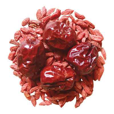 Image of ingredients for root + spring's  Goji Berries & Red Dates "Blood Revitalizer" Chinese Herbal Tea Mix.