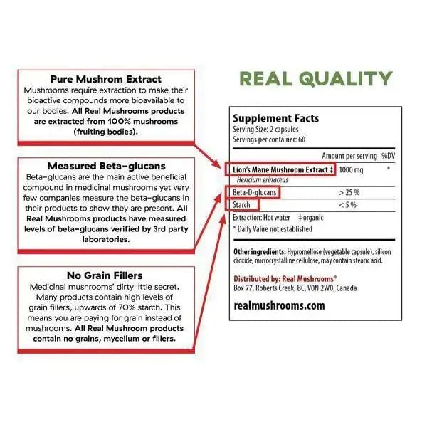 label of Organic Lion's Mane Extract Capsules