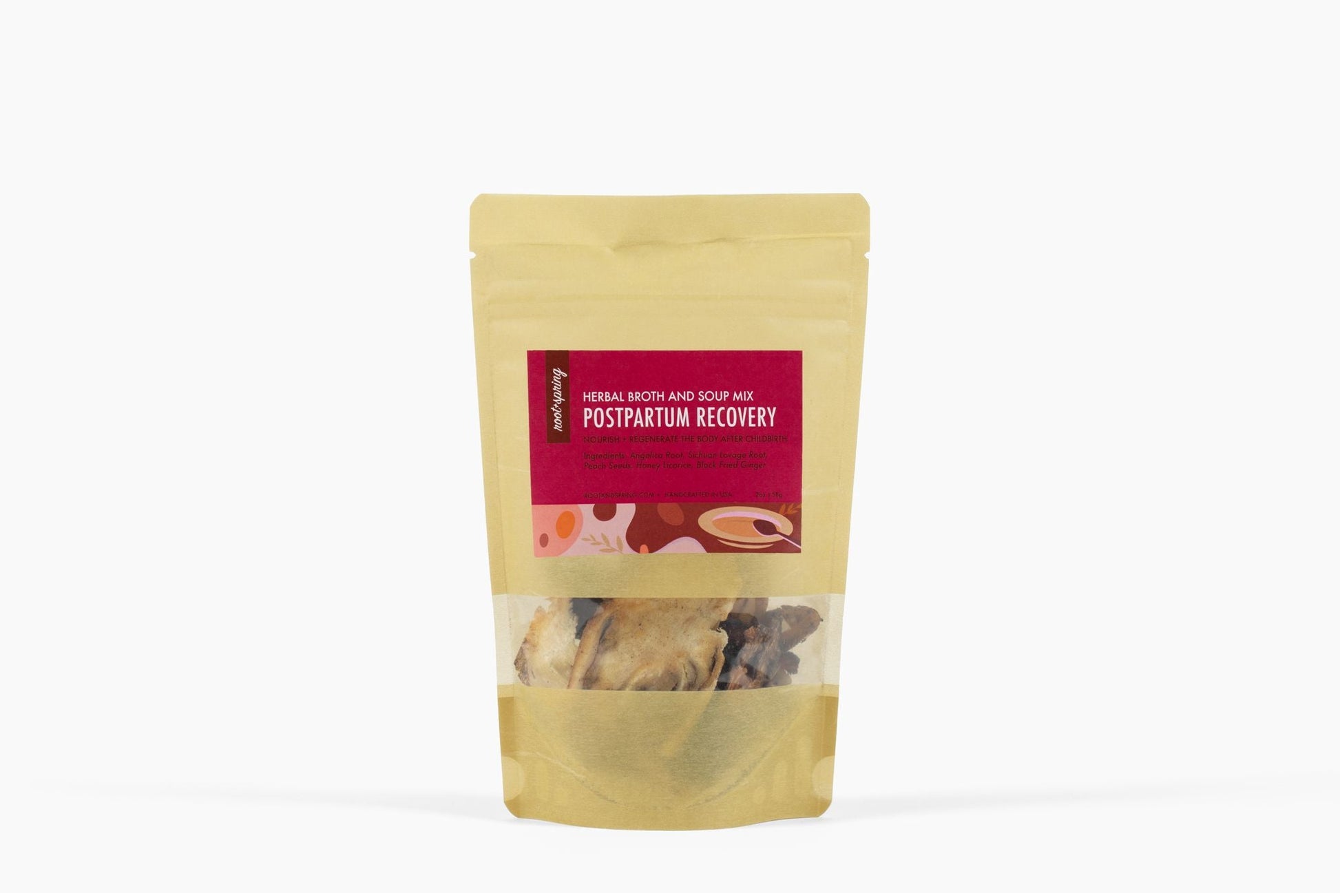 Image of packaging for root + spring's Chinse herbal broth and soup mix for postpartum recovery or Zio Yue Zi.