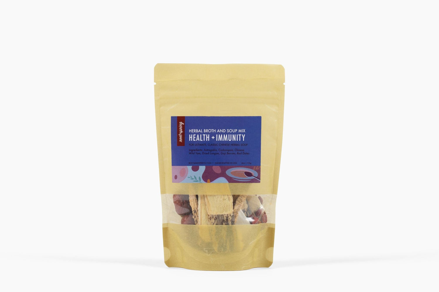 Image of package for root + spring's Chinese herbal broth and soup mix for health and immunity.