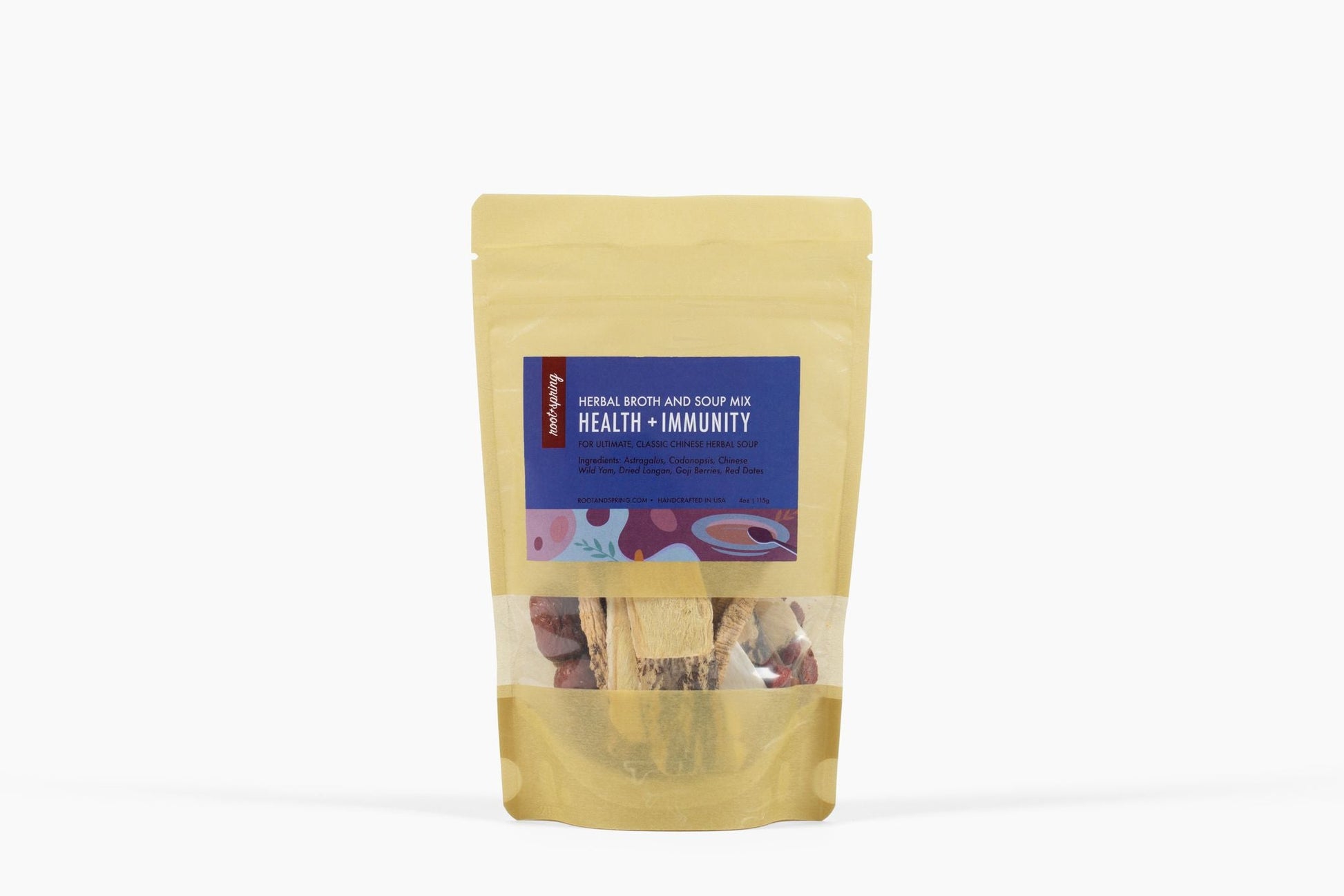 Image of package for root + spring's Chinese herbal broth and soup mix for health and immunity.