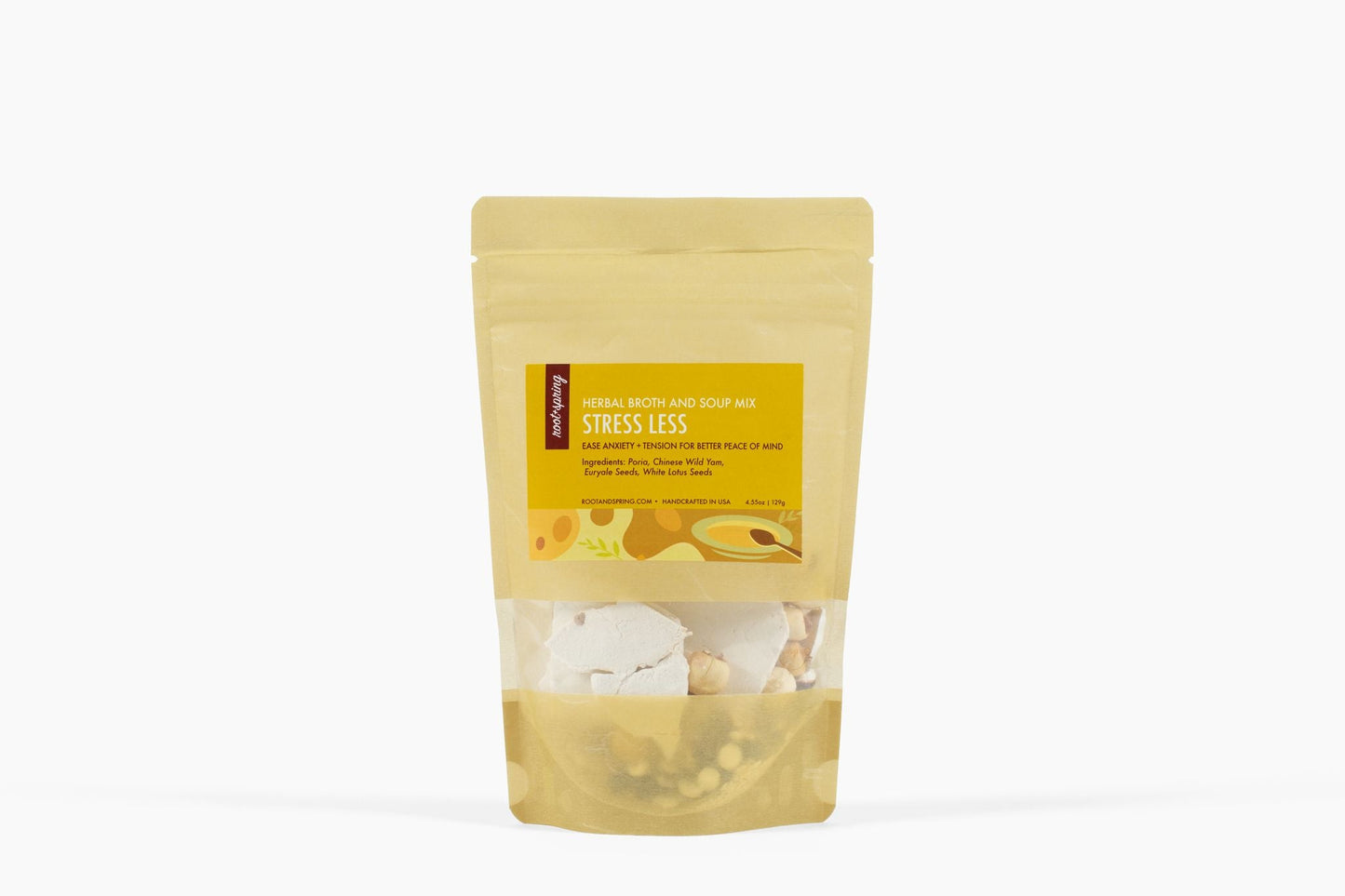 Image of root + spring's Chinese herbal broth and soup mix "stress less".