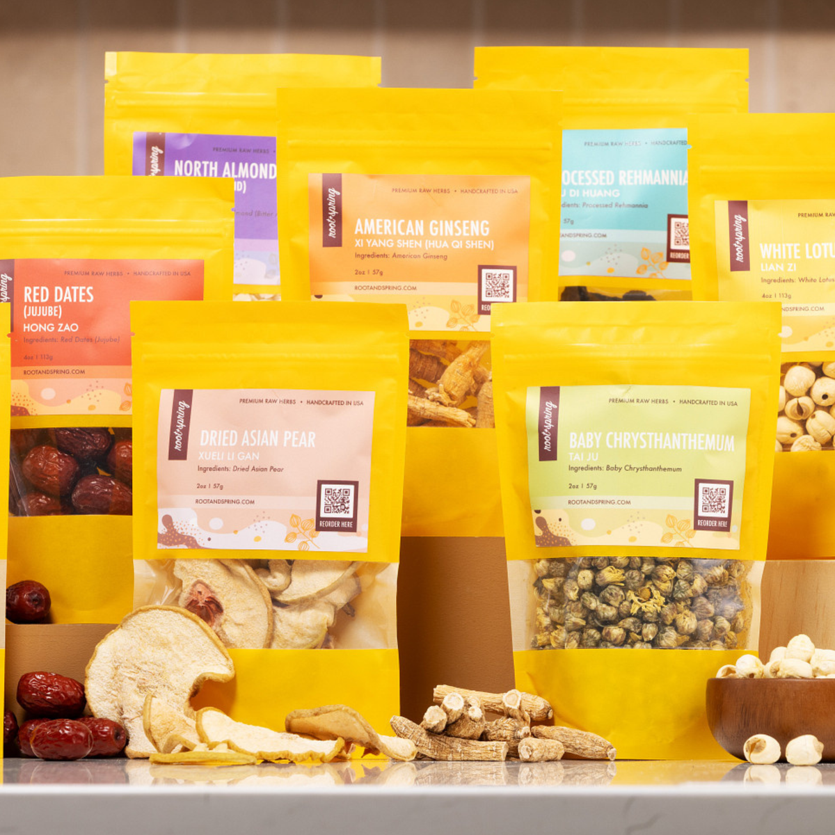 Lifestyle Image for root + spring's premium raw herb american ginseng, Red Dates, Dried Asian Pear, baby Chrysanthemum, White Lotus  Seed, Processed Rehmannia, North Almond.