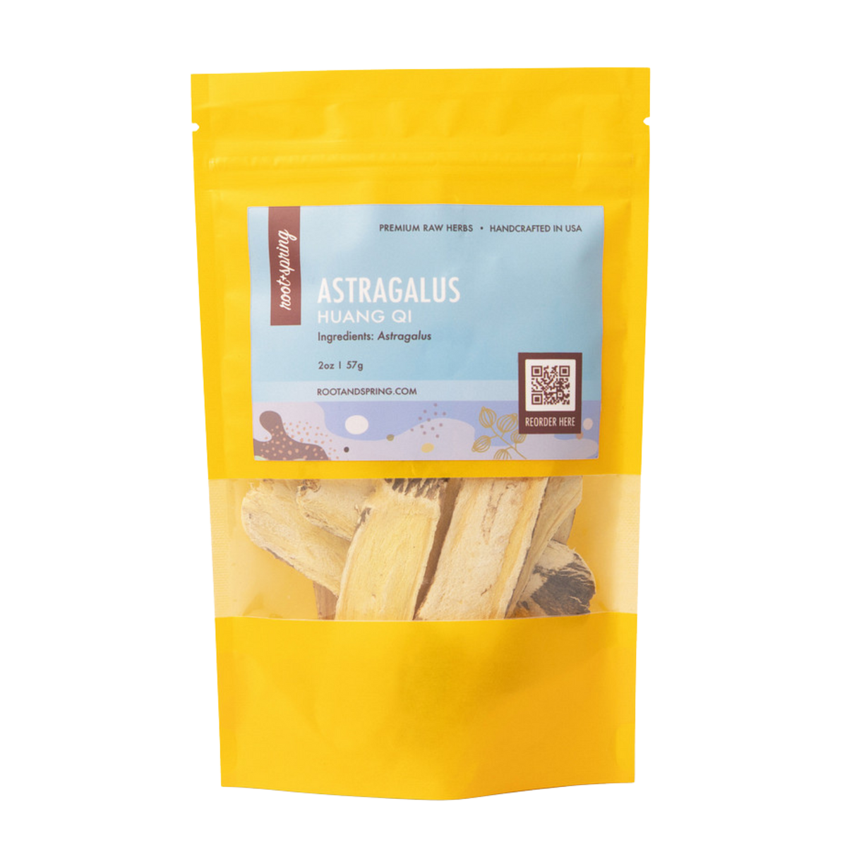 A yellow stand-up pouch of Root+Spring Huang Qi Astragalus raw herbs, featuring a light blue label with product details and a clear window showing the dried herb pieces inside.