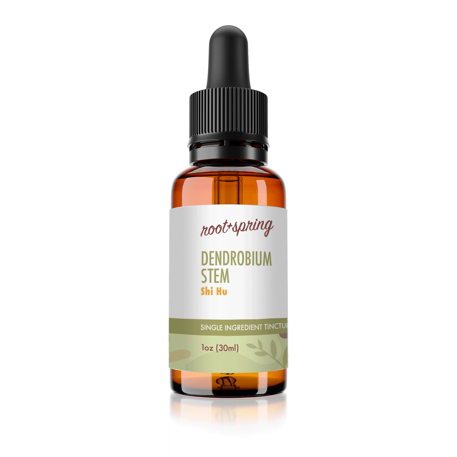 Amber eyedropper-top tincture bottle containing 1 fluid ounce (30 milliliters) of root + spring Dendrobium Stem Shi Hu Chinese herbal tincture.