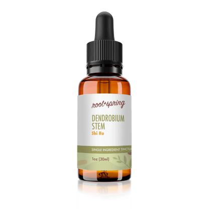 Amber eyedropper-top tincture bottle containing 1 fluid ounce (30 milliliters) of root + spring Dendrobium Stem Shi Hu Chinese herbal tincture.