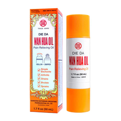 Image of package and roll-on of Die Da Wan Hua Oil with applicator tool.