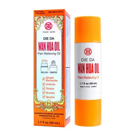 Image of package and roll-on of Die Da Wan Hua Oil with applicator tool.