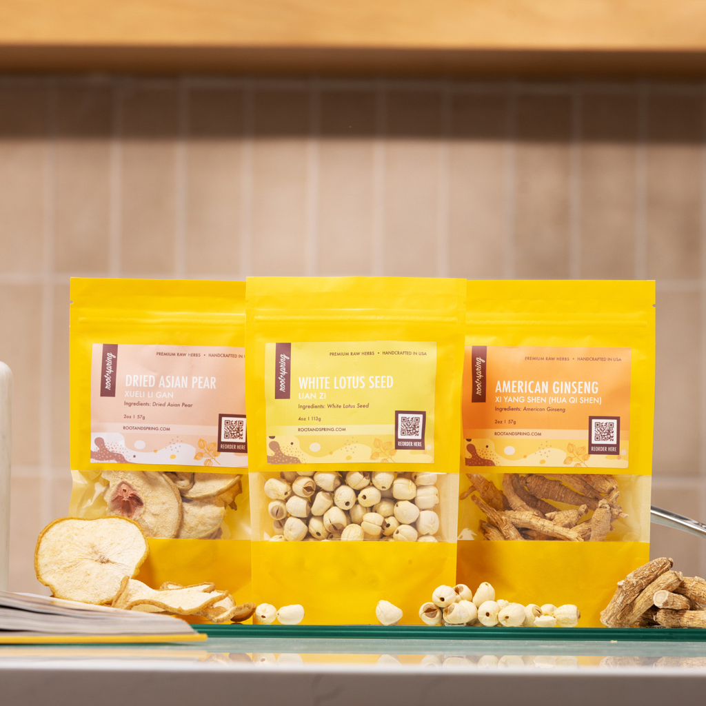 Lifestyle Image for root + spring's premium raw herb American Ginseng, Dried Asian Pear, and White Lotus  Seed.