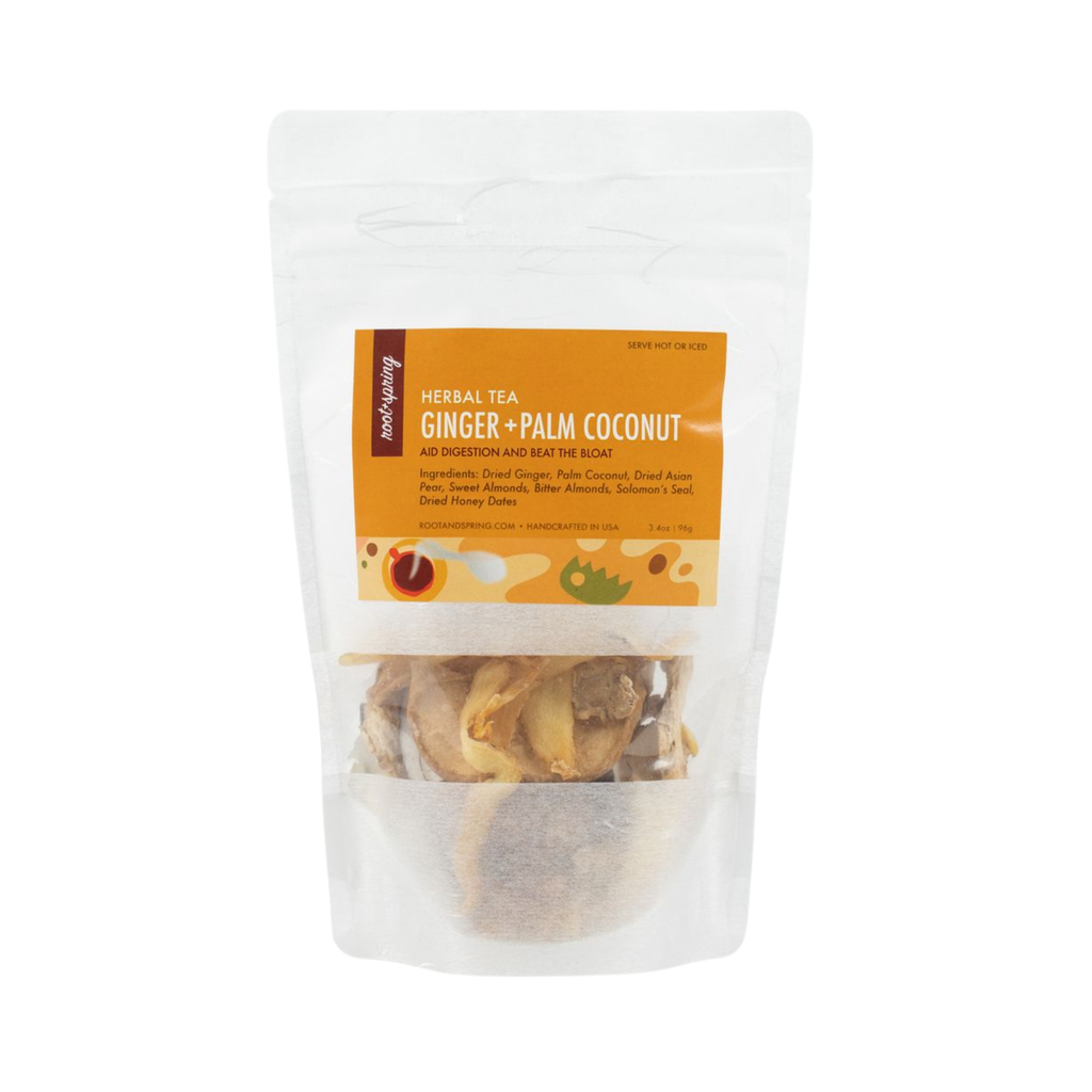 Image of packaging for root + spring's Dried Ginger & Palm Coconut "Beat the Bloat" Chinese Herbal Tea Mix.