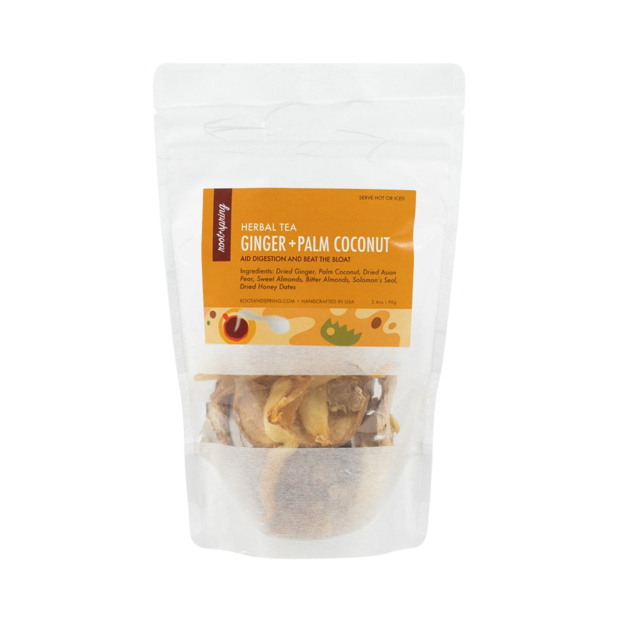 Image of packaging for root + spring's Dried Ginger & Palm Coconut "Beat the Bloat" Chinese Herbal Tea Mix.