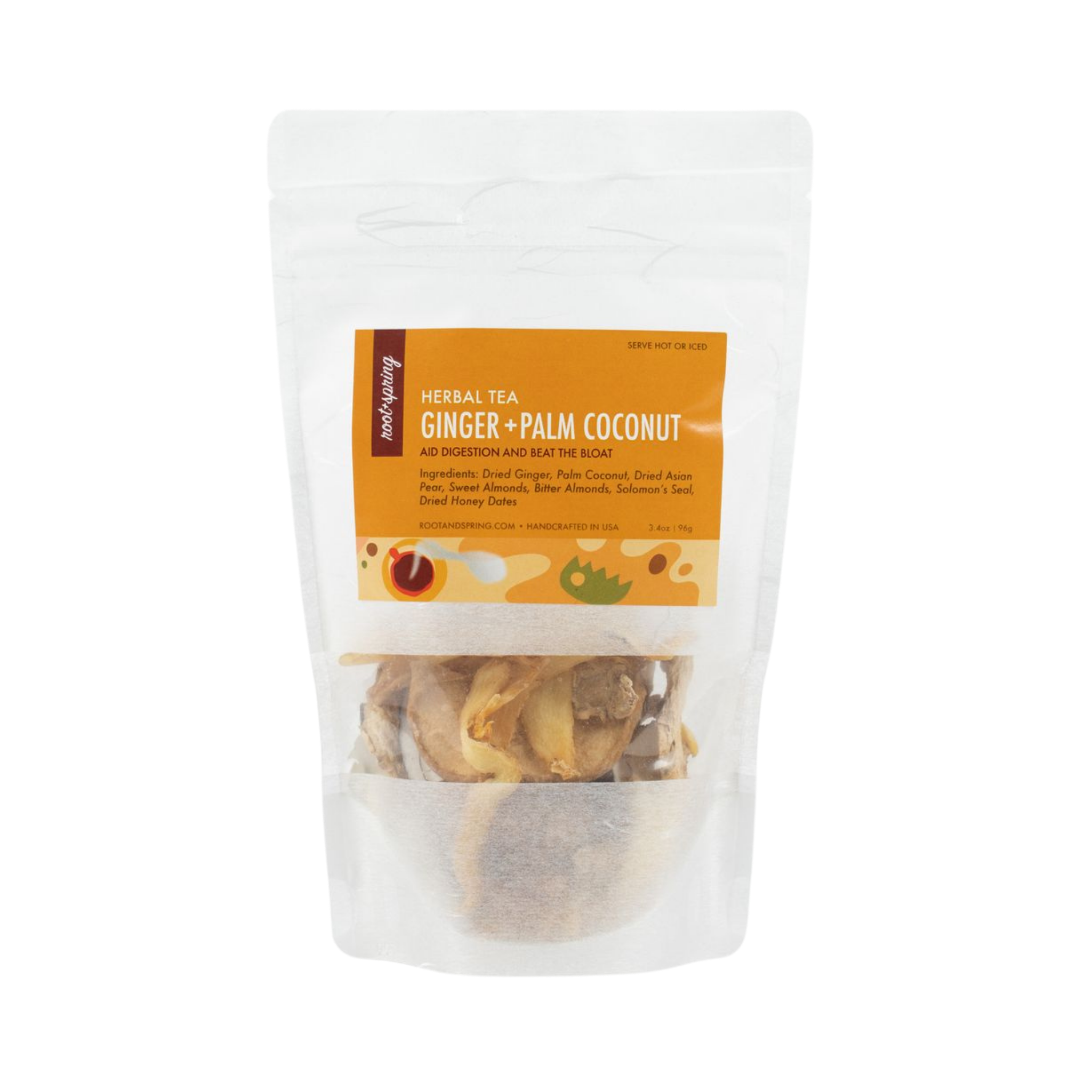 Image of packaging for root + spring's Dried Ginger & Palm Coconut "Beat the Bloat" Chinese Herbal Tea Mix.